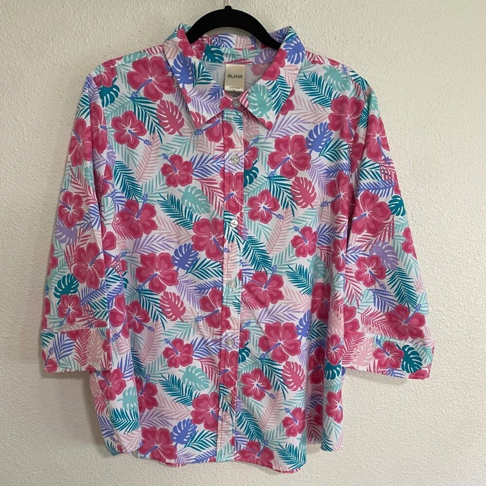 Blair Womens XL Tropical Hawaiian Pink Button Down Shirt 3/4 Sleeve Top